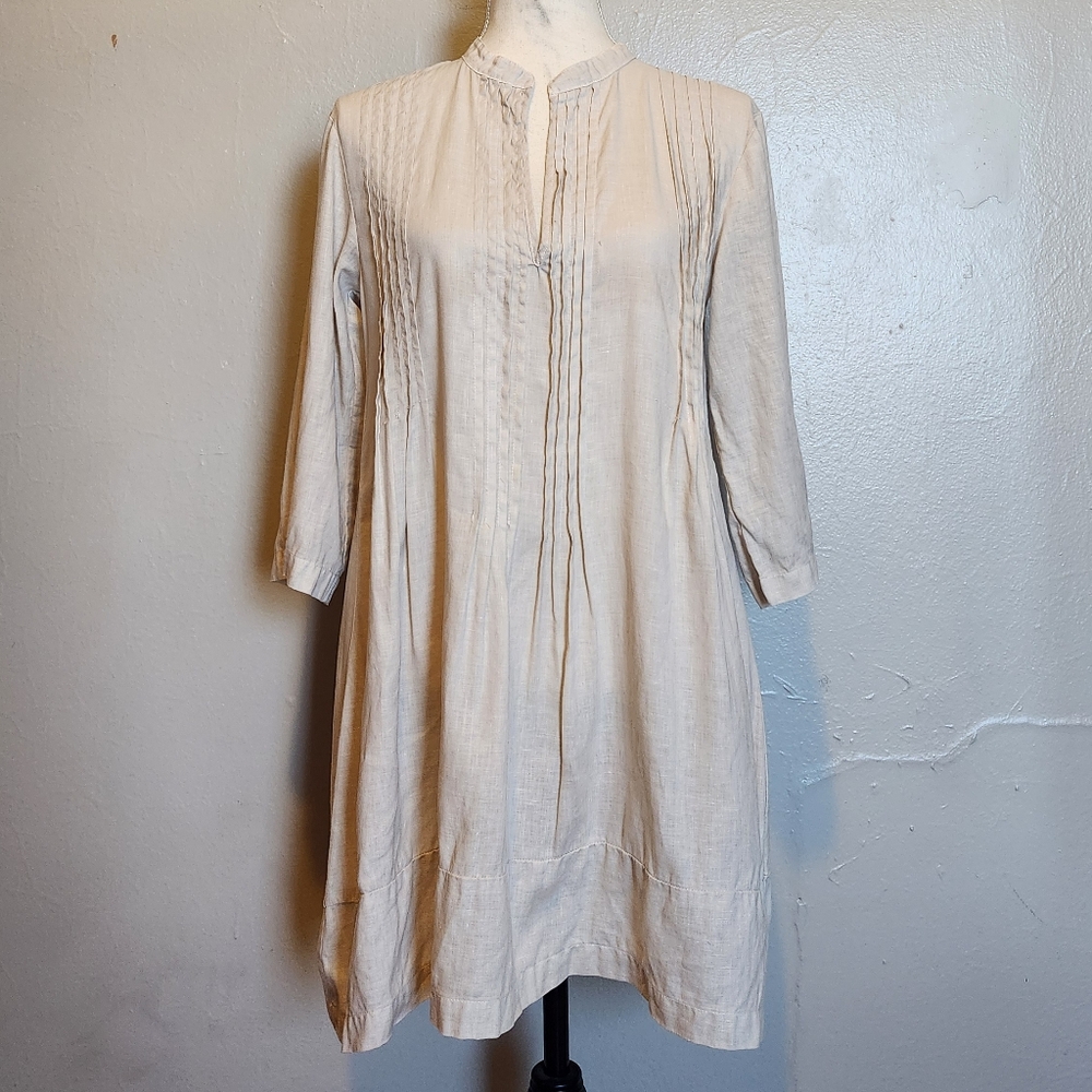 Cp Shades Beige Pleated V Neck Long Sleeve Linen Tunic